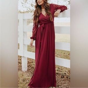 Women’s Maroon Faux Wrap Belted Maxi Dress Lace Long Sleeve - Size Medium